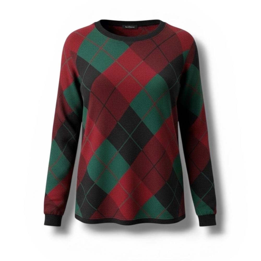 CATHY DANIELS Vintage Argyle Crewneck Sweater Red Green Black Medium